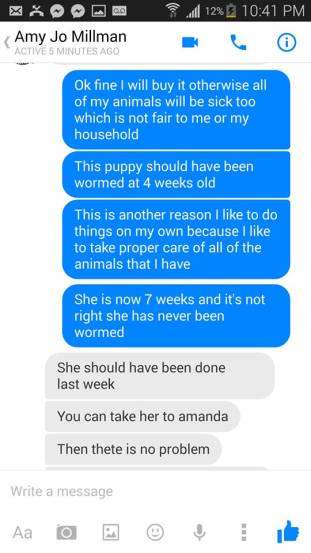 In this text exchange with MSMR founder Amy Jo Millman, Ina's foster mom said the 7-week-old puppy hadn't been wormed. Image credit withheld.